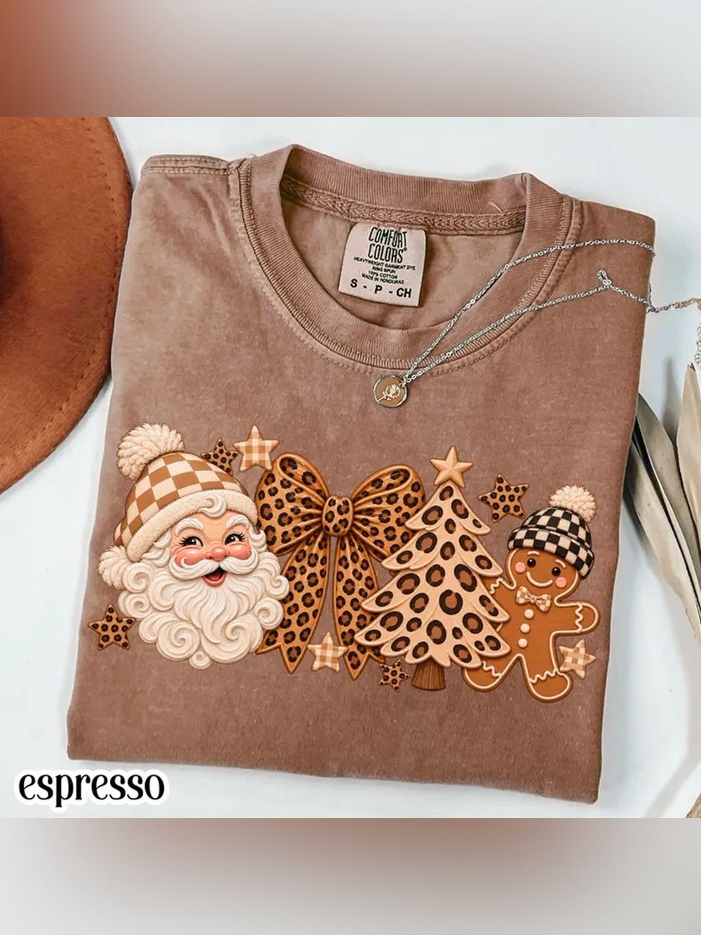 Cute Santa Leopard Christmas Tree Espresso Comfort Colors Graphic Tee